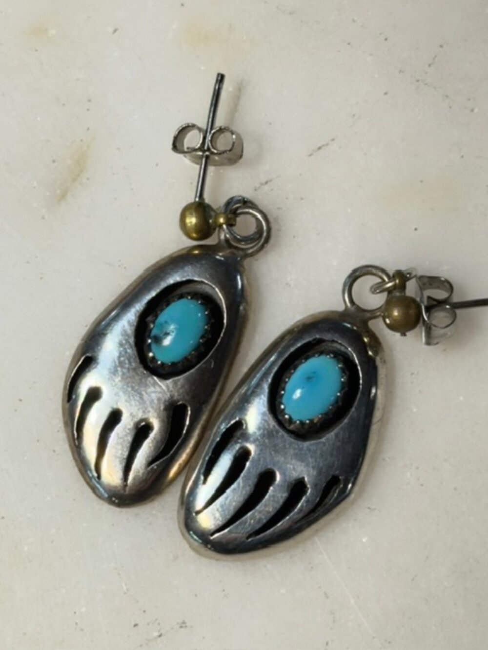 VTG Native American Sterling Silver Turquoise Bear Paw Claw Shadowbox Signed P